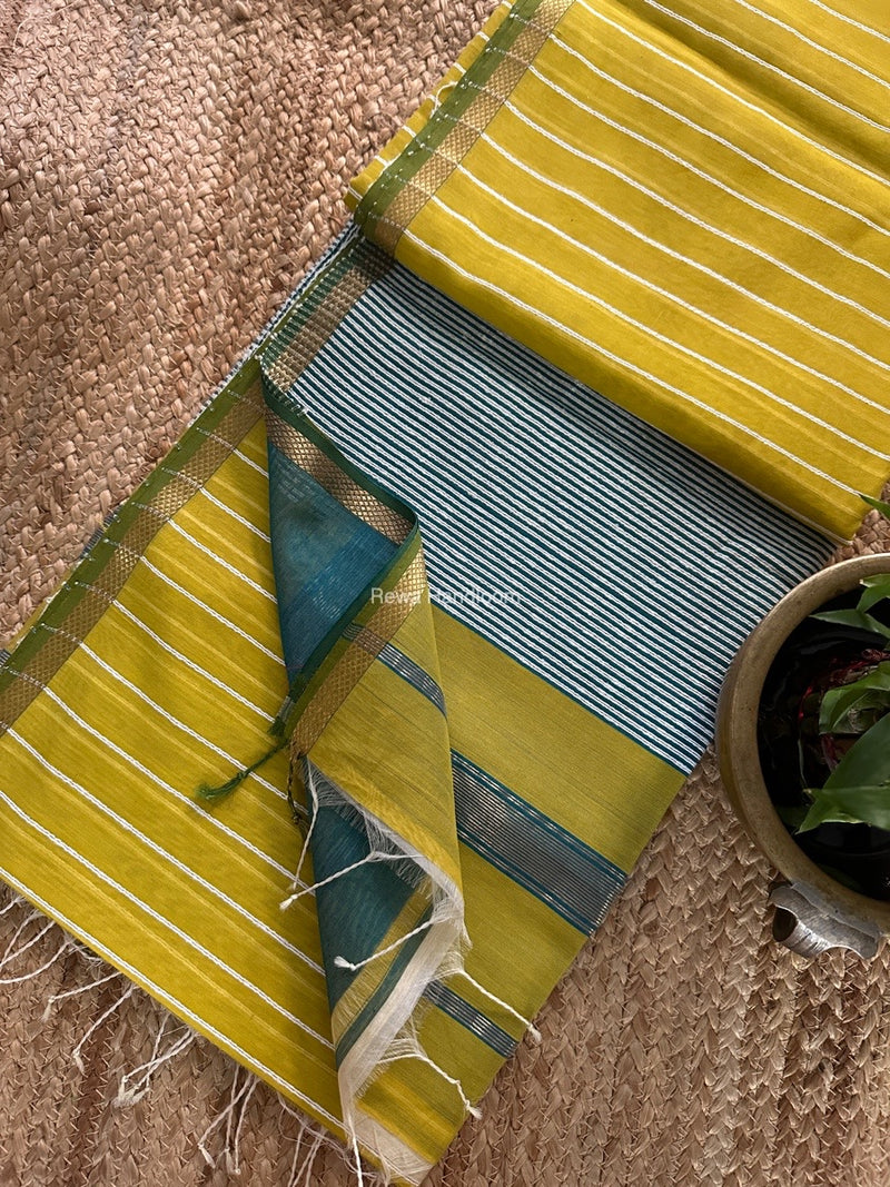 Maheshwari Turmeric Yellow Gichha Thread Lining Saree GTLS051