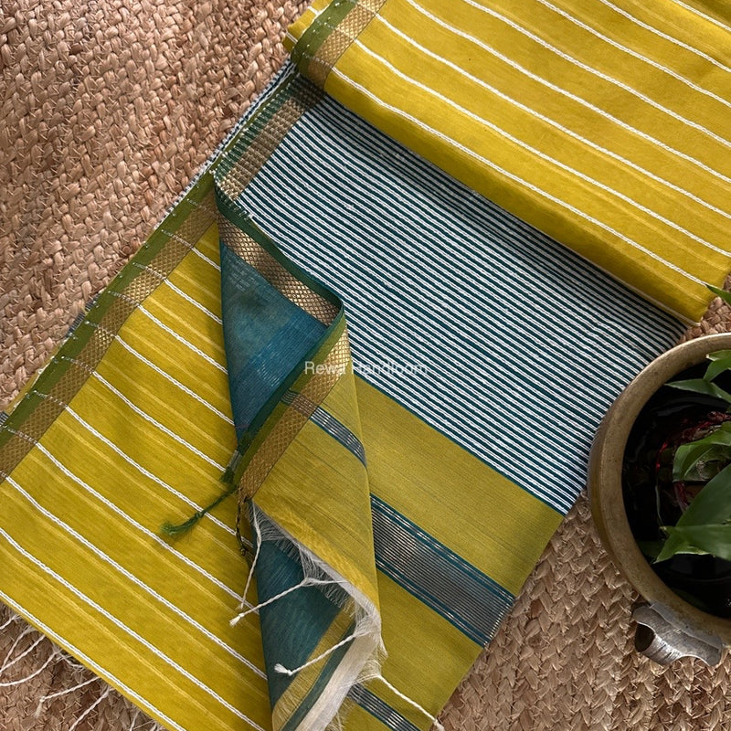 Maheshwari Turmeric Yellow Gichha Thread Lining Saree GTLS051