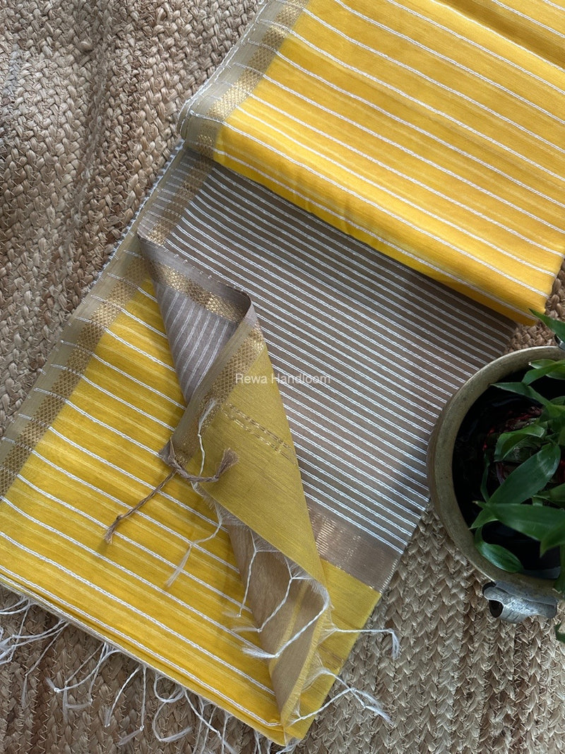 Maheshwari Yellow Gichha Thread Lining Saree GTLS047