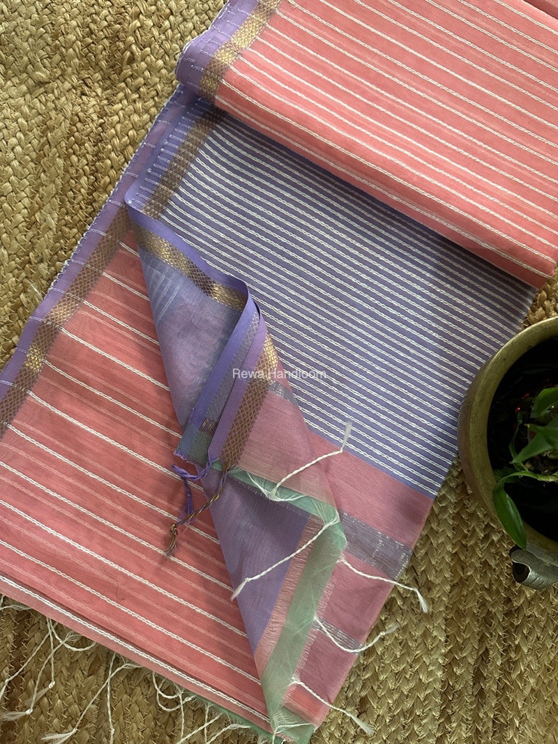 Maheshwari Peach Pink Gichha Thread Lining Saree GTLS050