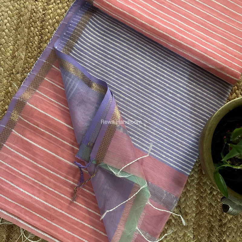 Maheshwari Peach Pink Gichha Thread Lining Saree GTLS050