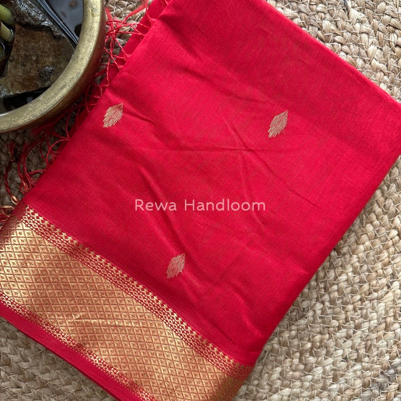 Red Zari Butti Maheshwari Saree PTB0131