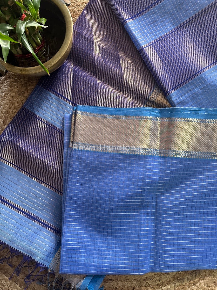 Maheshwari Sea Blue Zari Checks Saree ZCHX179