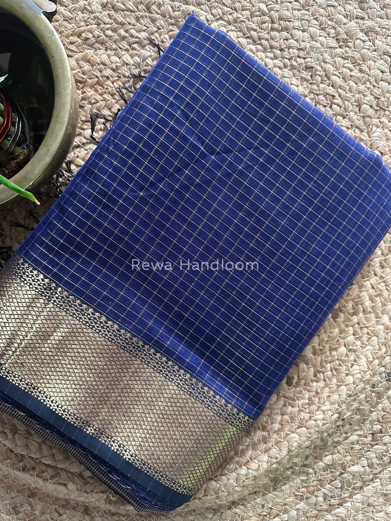 Maheshwari Dark Navy Blue Zari Checks Saree ZCHX182