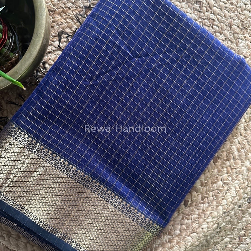 Maheshwari Dark Navy Blue Zari Checks Saree ZCHX182