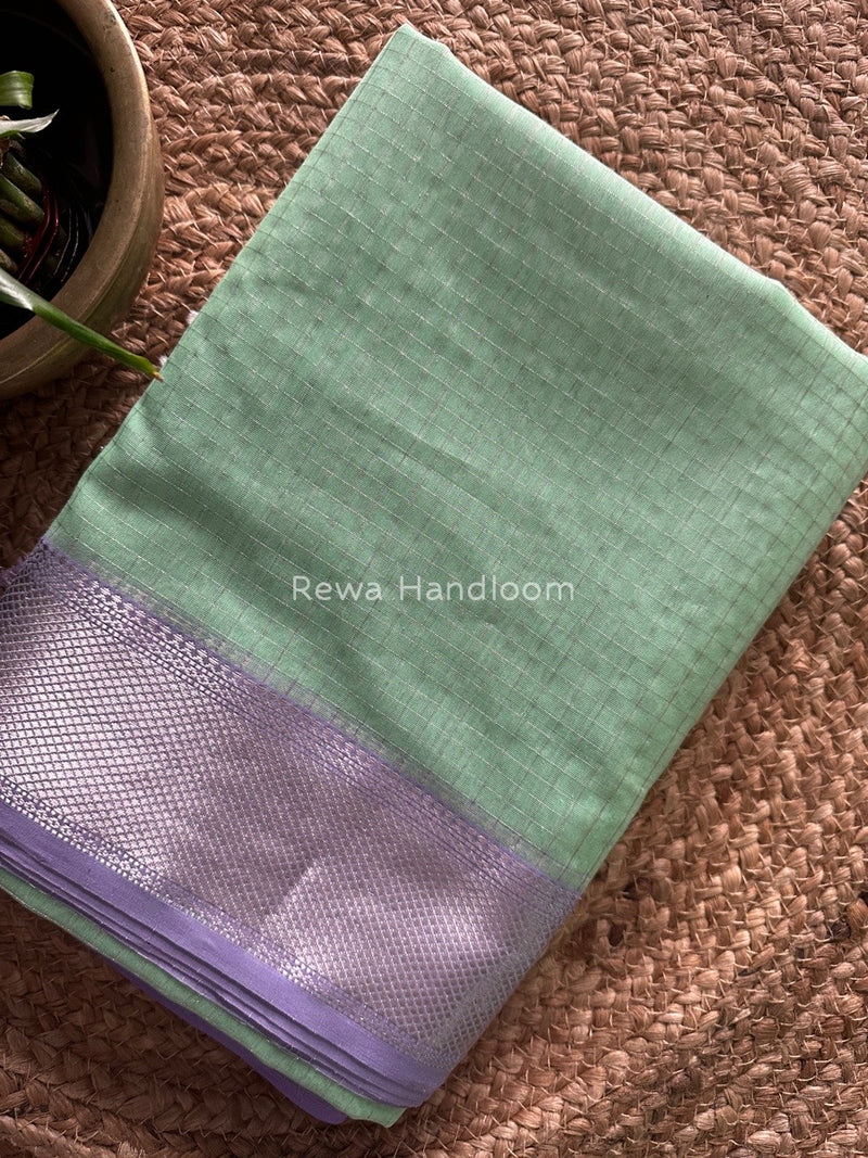 Maheshwari Sea Green Silver Zari Checks Silk Saree SZ033