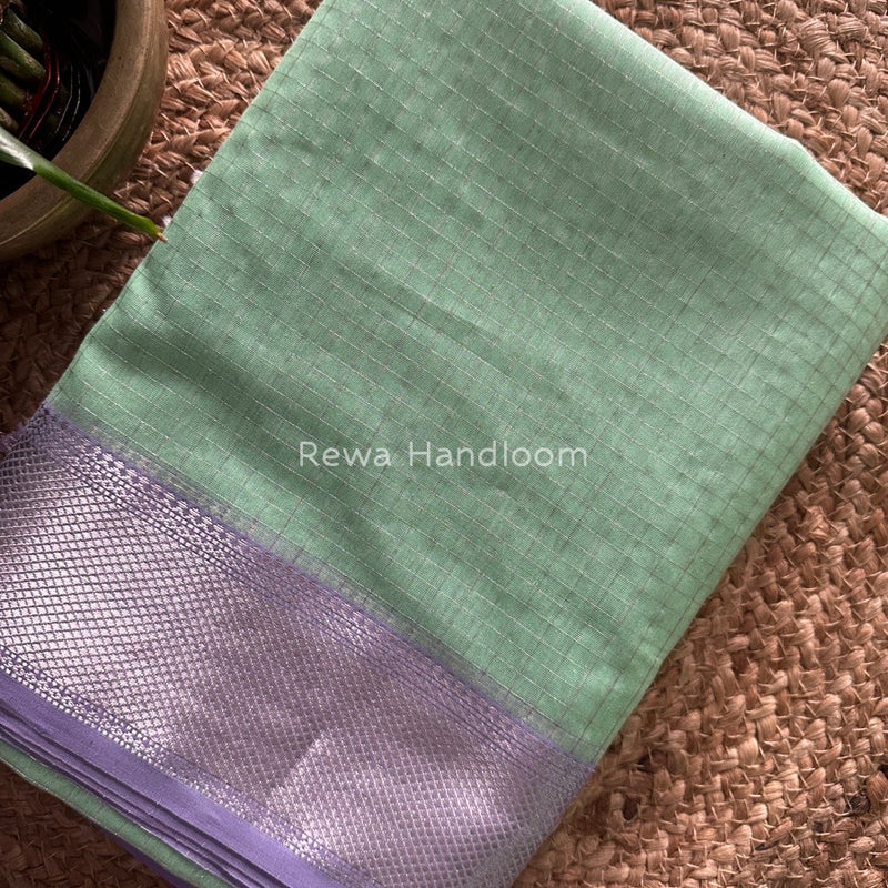 Maheshwari Sea Green Silver Zari Checks Silk Saree SZ033