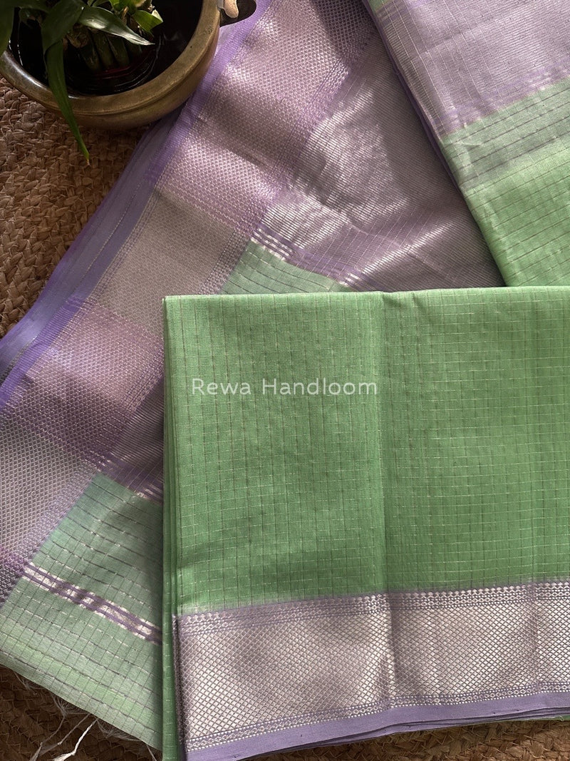 Maheshwari Sea Green Silver Zari Checks Silk Saree SZ033