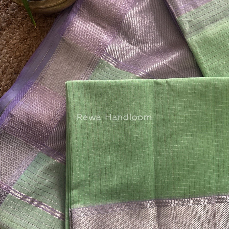 Maheshwari Sea Green Silver Zari Checks Silk Saree SZ033