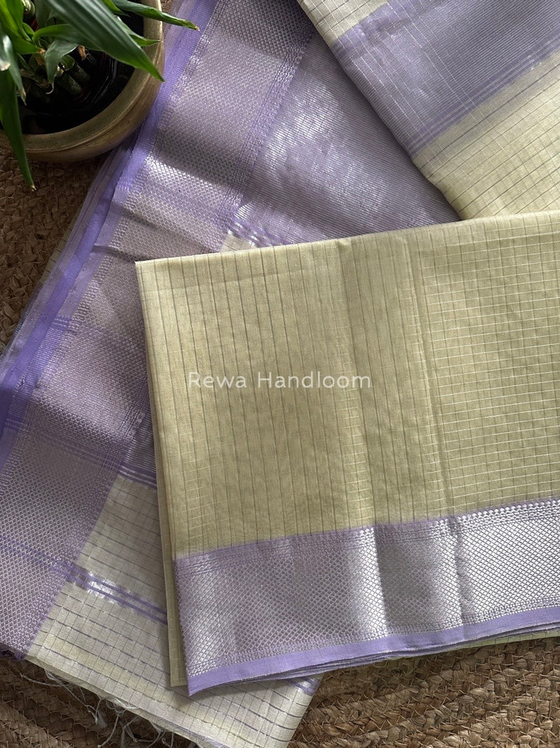 Maheshwari Light Yellow Silver Zari Checks Silk Saree SZ032