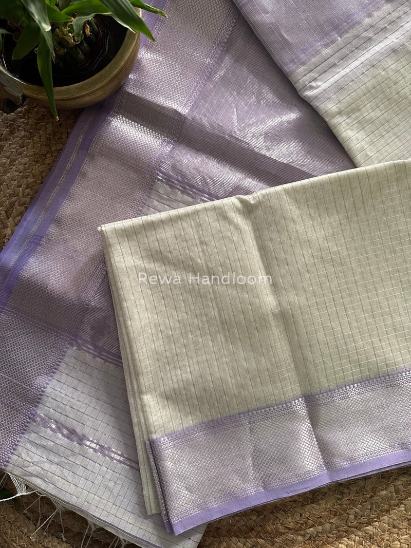 Maheshwari White Silver Zari Checks Silk Saree SZ037