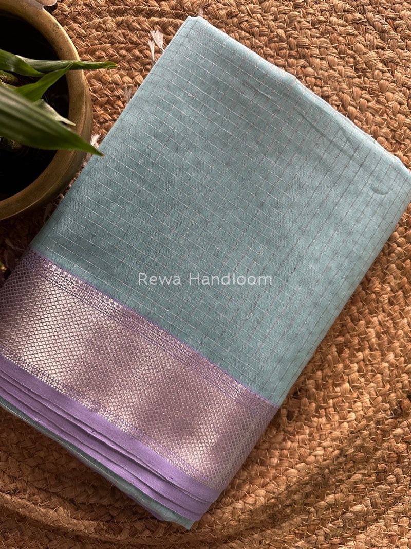 Maheshwari Sky Blue Silver Zari Checks Silk Saree SZ034