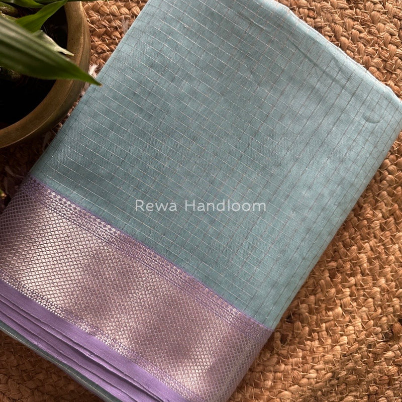Maheshwari Sky Blue Silver Zari Checks Silk Saree SZ034