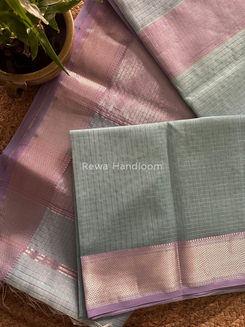 Maheshwari Sky Blue Silver Zari Checks Silk Saree SZ034