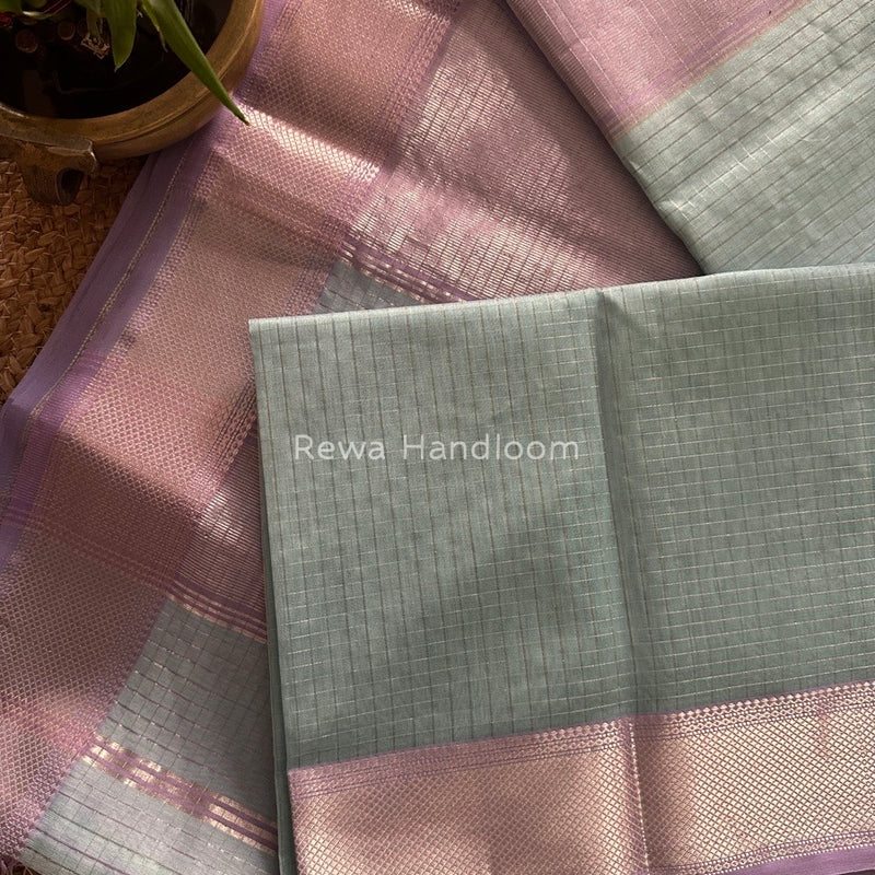 Maheshwari Sky Blue Silver Zari Checks Silk Saree SZ034