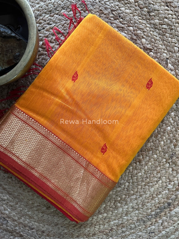 Mustard Yellow Butta Butti Zari Border Maheshwari Saree ZBB040
