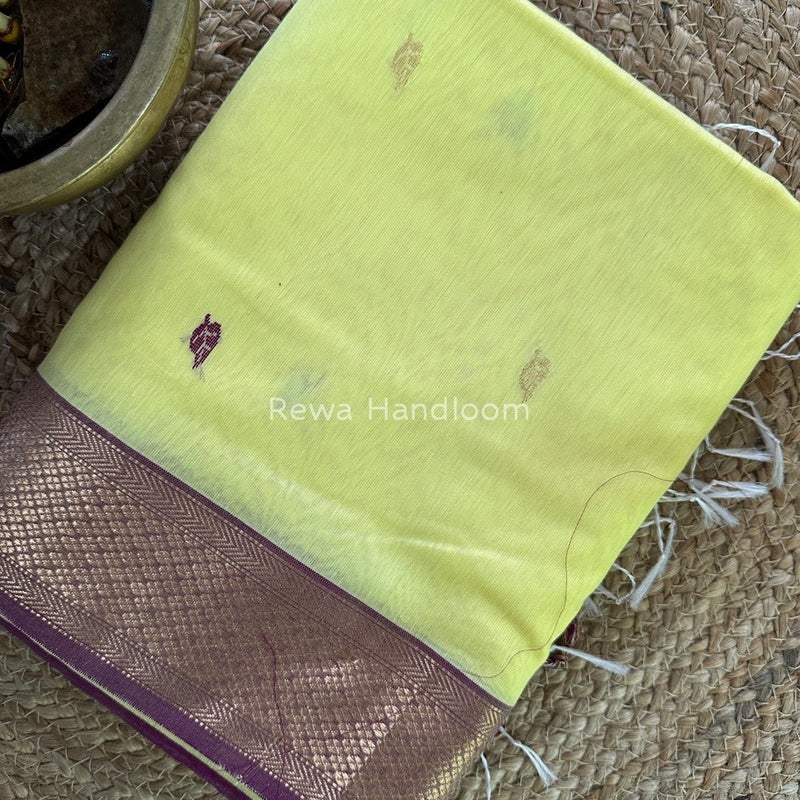 Light Yellow Butta Butti Zari Border Maheshwari Saree ZBB038