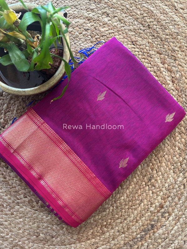 Dark Magenta Butta Pallu Zari Border Saree ~ Maheshwari Saree BTPS036