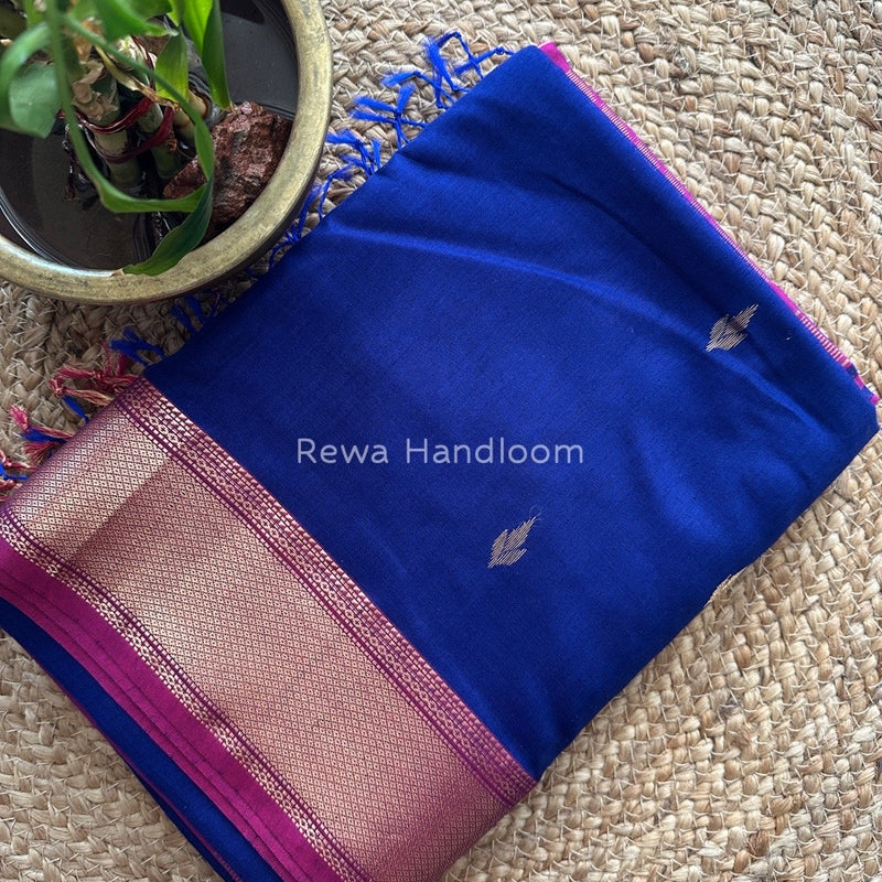 Dark Blue Butta Pallu Zari Border Saree ~ Maheshwari Saree BTPS037