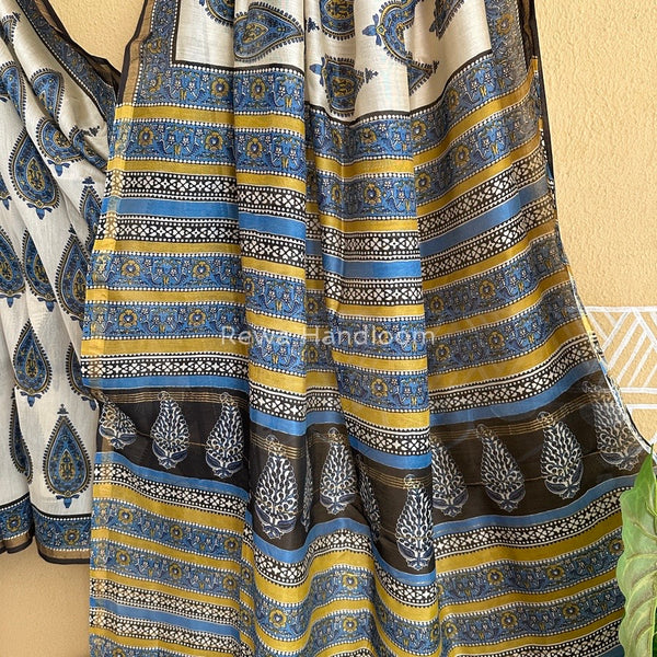 White-Blue Chanderi Silk Printed Saree CPS020