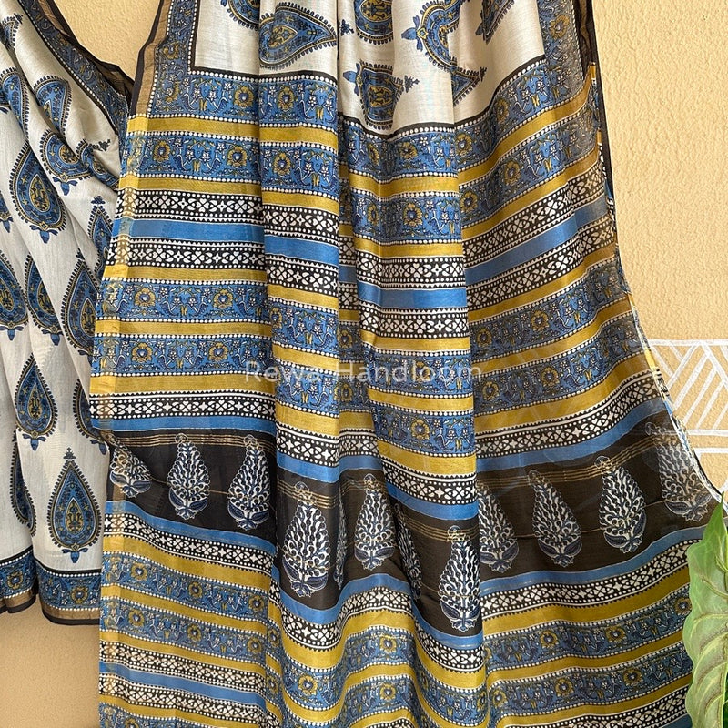 White-Blue Chanderi Silk Printed Saree CPS020