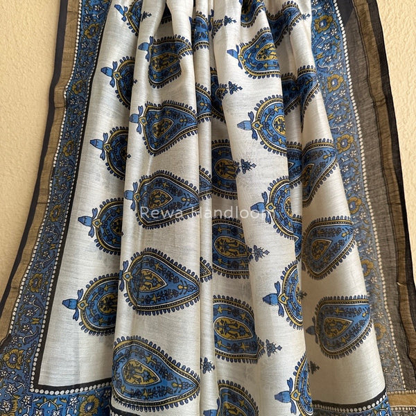 White-Blue Chanderi Silk Printed Saree CPS020