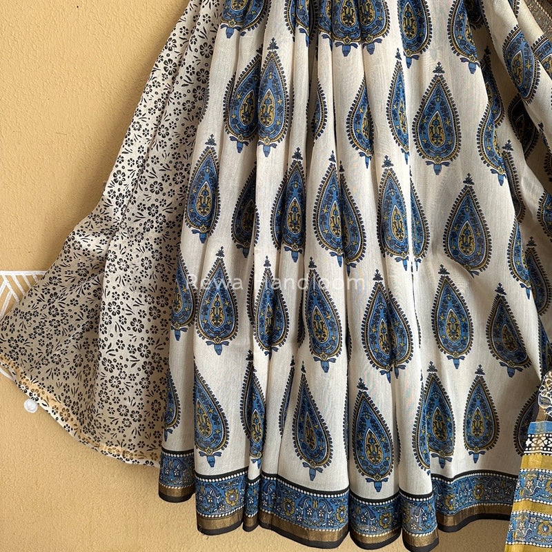 White-Blue Chanderi Silk Printed Saree CPS020