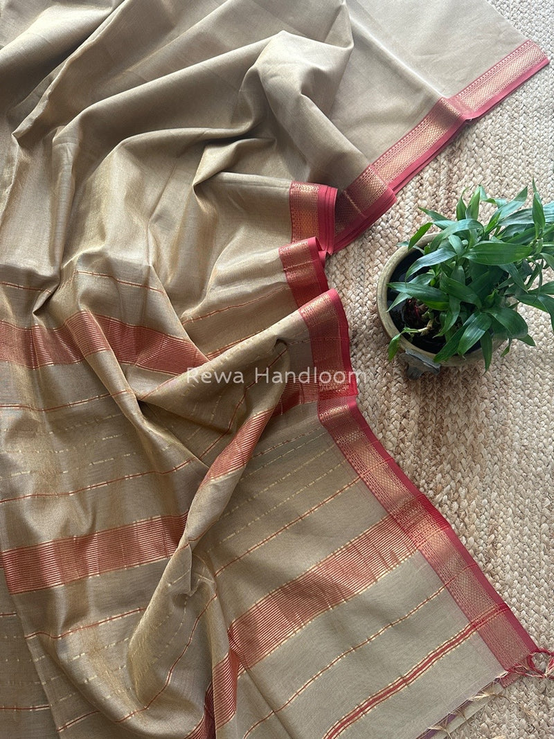 Maheshwari Beige Tissue Silk Saree TB011