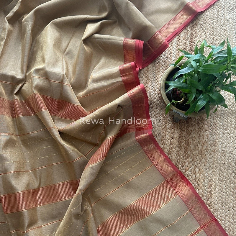 Maheshwari Beige Tissue Silk Saree TB011