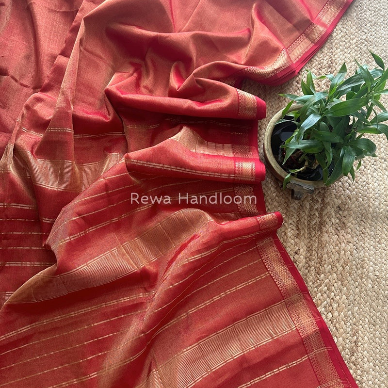 Maheshwari Red Tissue Silk Saree TB012