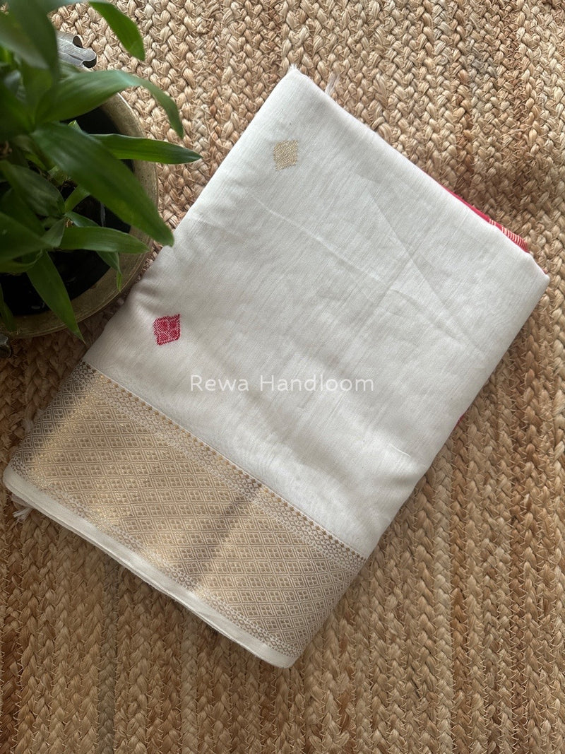 White Butta Zari Border Maheshwari Saree LBS034