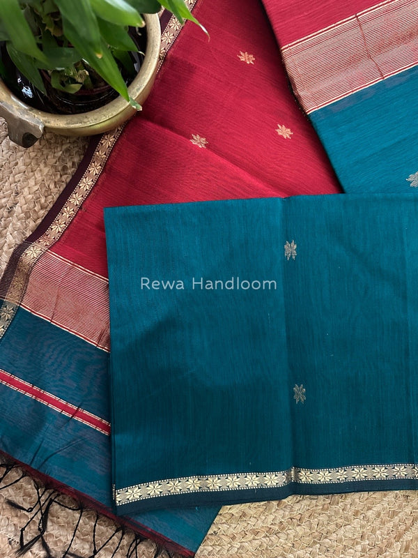 Rama Green-Red Zari Butti Maheshwari Saree SBS0010