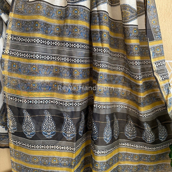 Off White-Grey Chanderi Silk Printed Saree CPS022