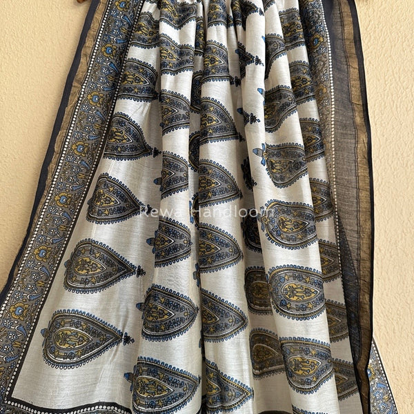 Off White-Grey Chanderi Silk Printed Saree CPS022