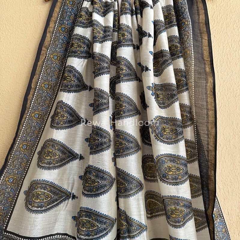Off White-Grey Chanderi Silk Printed Saree CPS022