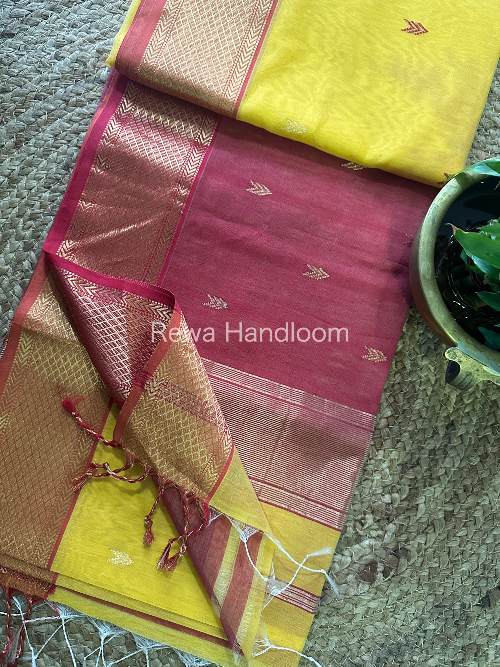 Dark Yellow Zari Butti ~ Maheshwari Saree-ZB104