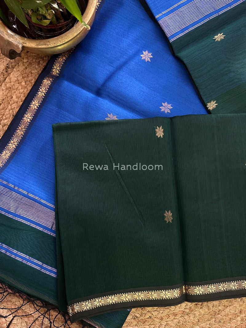 Dark Green-Royal Blue Zari Butti Maheshwari Saree SBS0017
