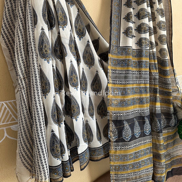 Off White-Grey Chanderi Silk Printed Saree CPS022