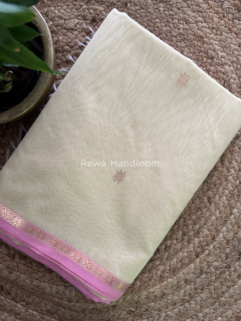 Cream-Baby Pink Zari Butti Maheshwari Saree SBS005