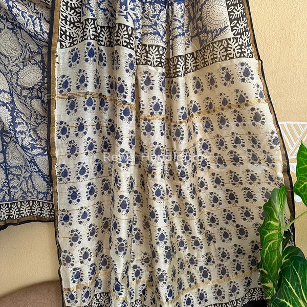 Blue-White Chanderi Silk Printed Saree CPS016