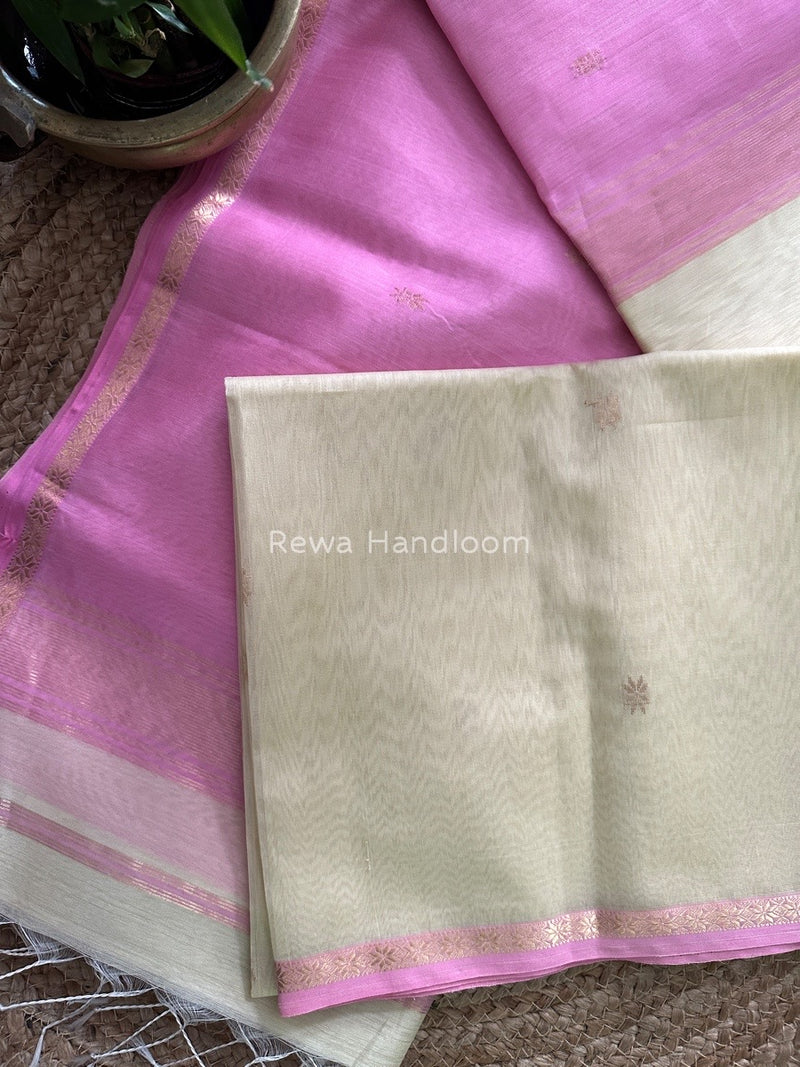 Cream-Baby Pink Zari Butti Maheshwari Saree SBS005