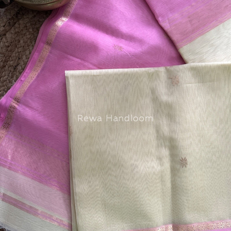 Cream-Baby Pink Zari Butti Maheshwari Saree SBS005