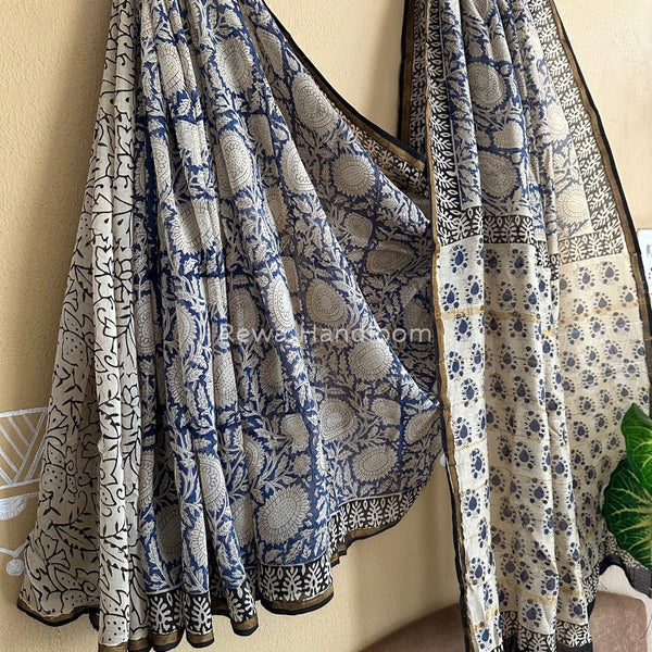 Blue-White Chanderi Silk Printed Saree CPS016