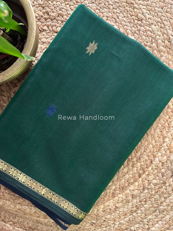Bottle Green-Blue Zari Butti Maheshwari Saree SBS001