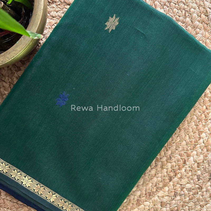 Bottle Green-Blue Zari Butti Maheshwari Saree SBS001