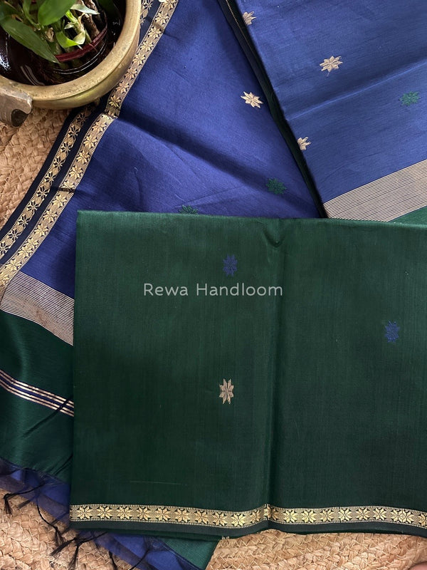Bottle Green-Blue Zari Butti Maheshwari Saree SBS001