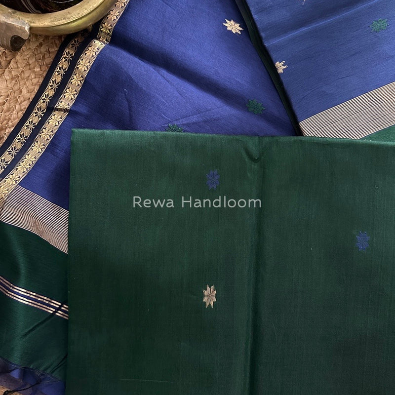 Bottle Green-Blue Zari Butti Maheshwari Saree SBS001