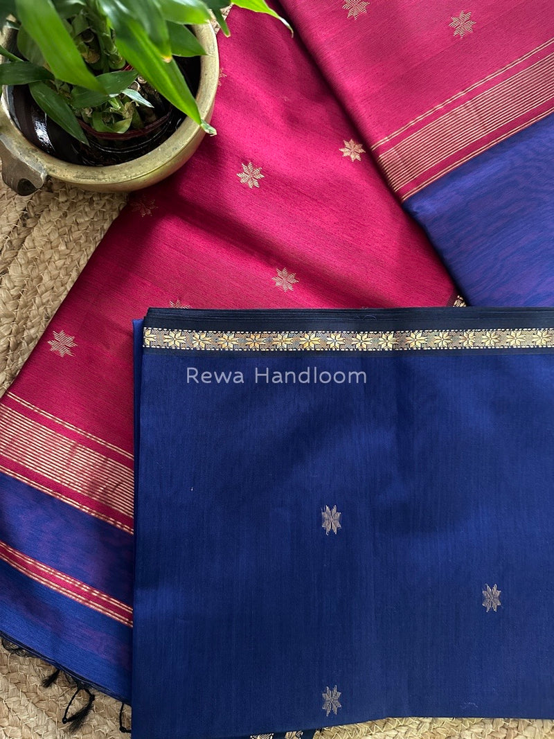 Blue-Rani Pink Zari Butti Maheshwari Saree SBS004