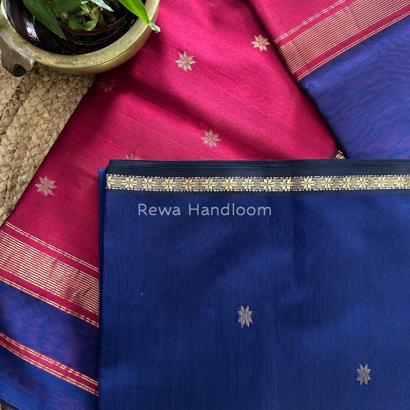 Blue-Rani Pink Zari Butti Maheshwari Saree SBS004