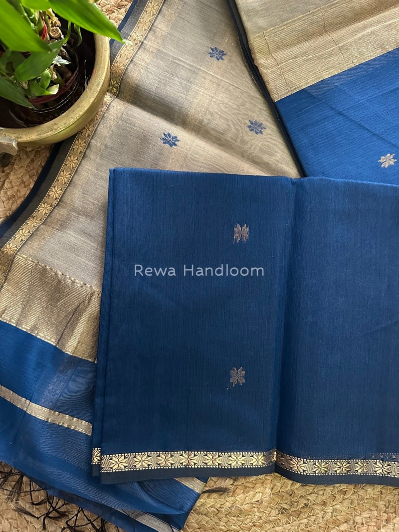 Denim Blue-Beige Zari Butti Maheshwari Saree SBS0015